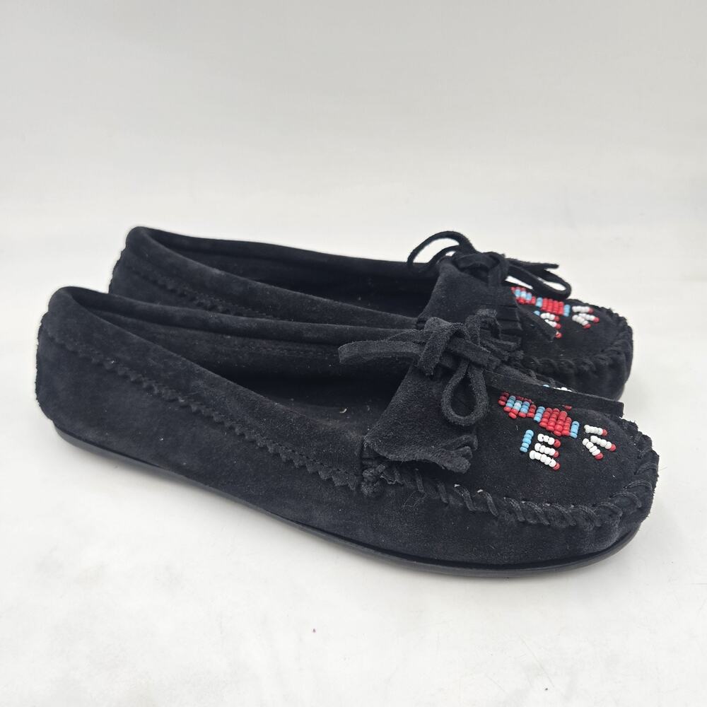Minnetonka Women's Thunderbird II Beaded Moccasin 8 M Black Suede Flats